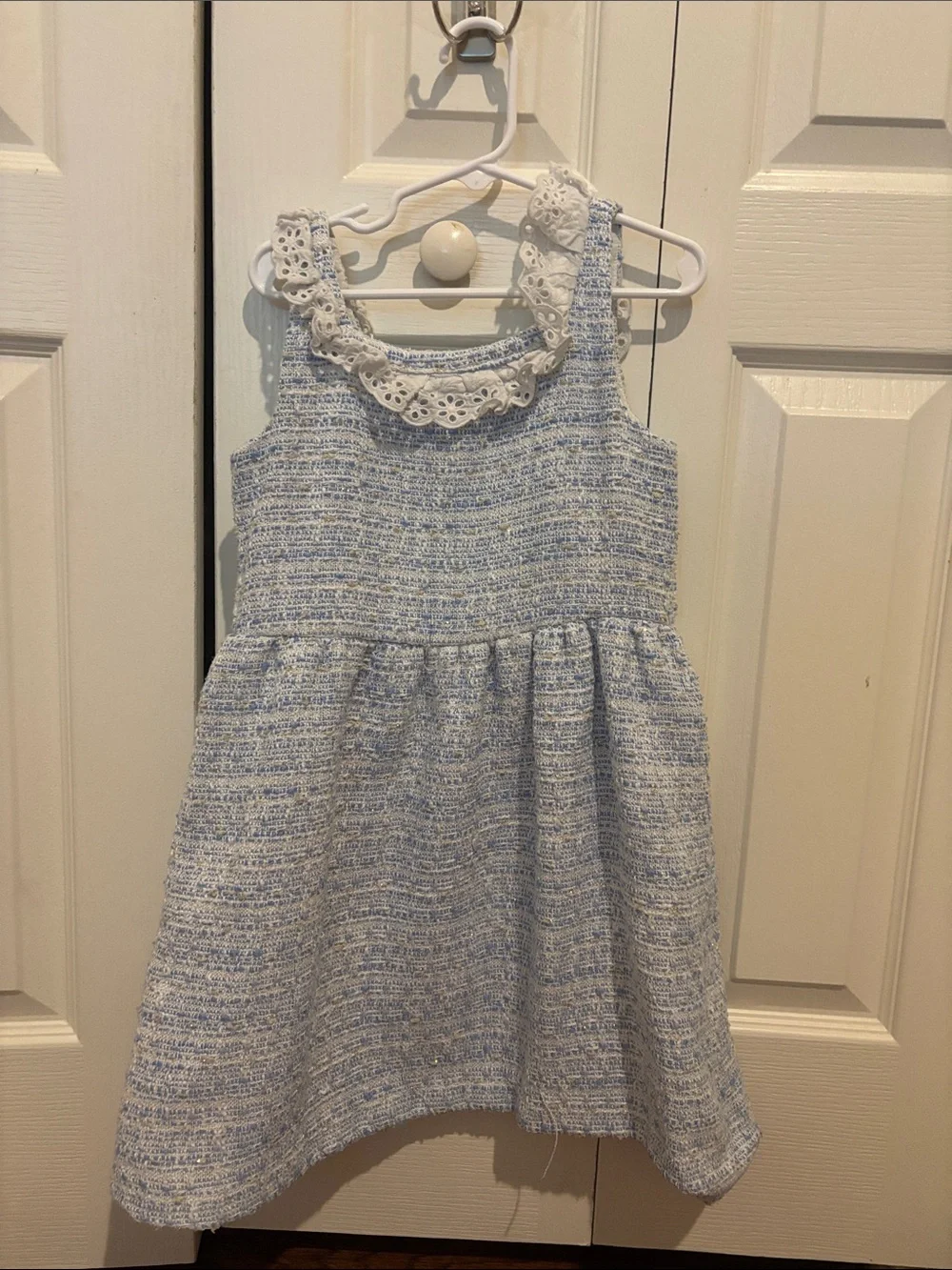 Janie and Jack Light Blue Tweed Dress with White Lace Collar